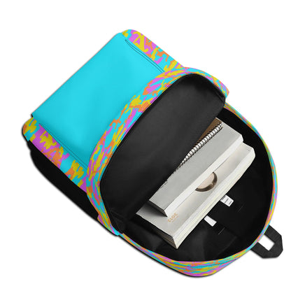 "Thunder Camo Backpack with vibrant swirls of blue, yellow, and orange for adventurous souls."