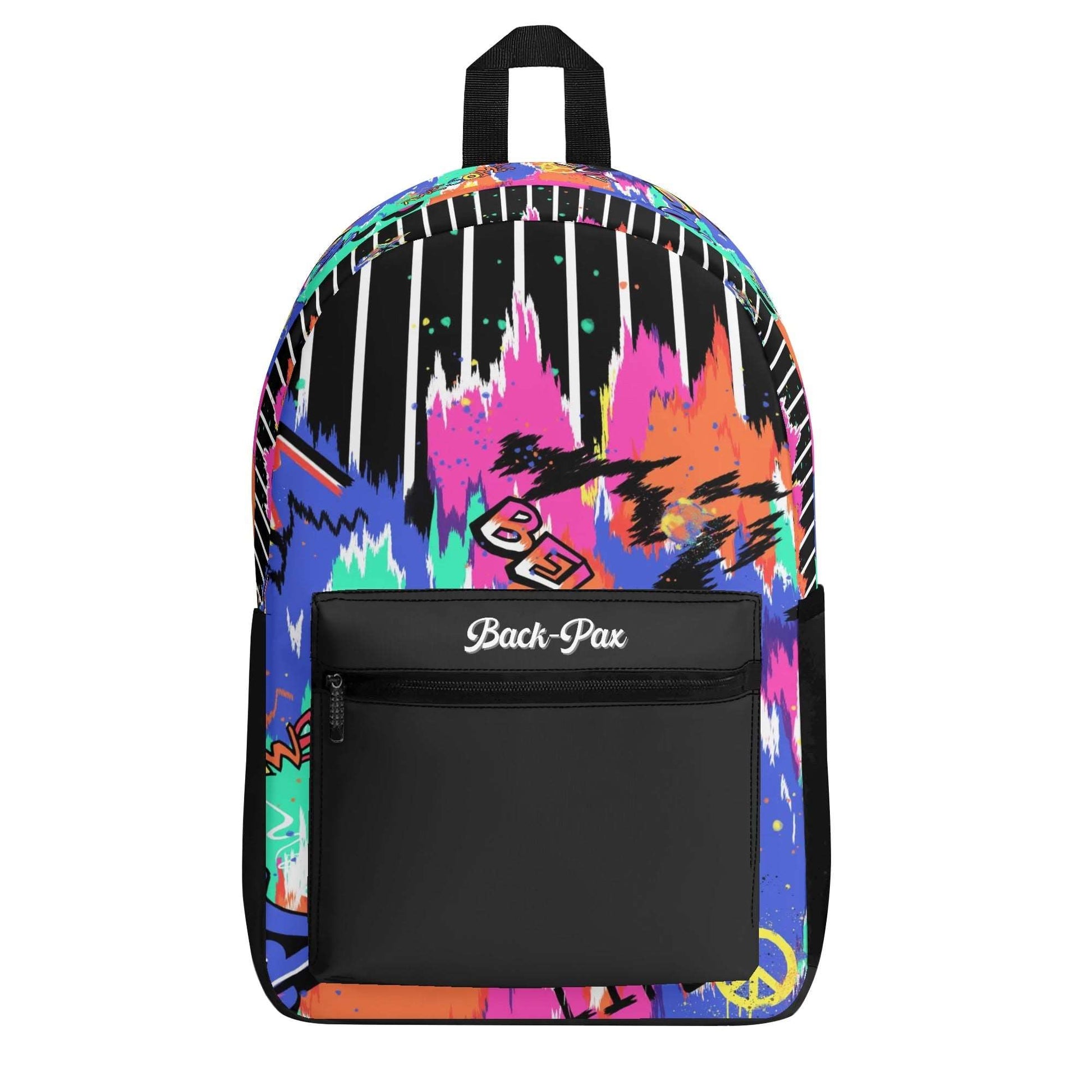 "Urban Graffiti Backpack featuring black and vibrant graffiti patches for creative expression."