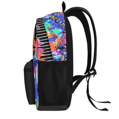 "Urban Graffiti Backpack featuring black and vibrant graffiti patches for creative expression."