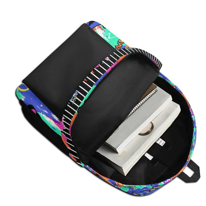 "Urban Graffiti Backpack featuring black and vibrant graffiti patches for creative expression."