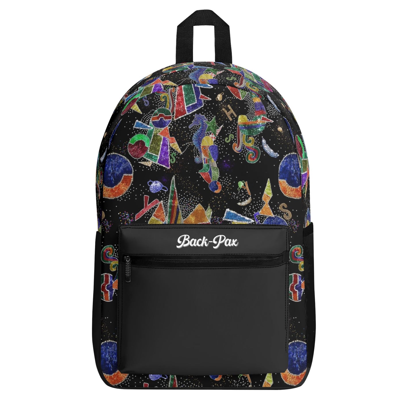 "'The Jester' Backpack features vibrant colors and eclectic shapes for a fun, bold statement."