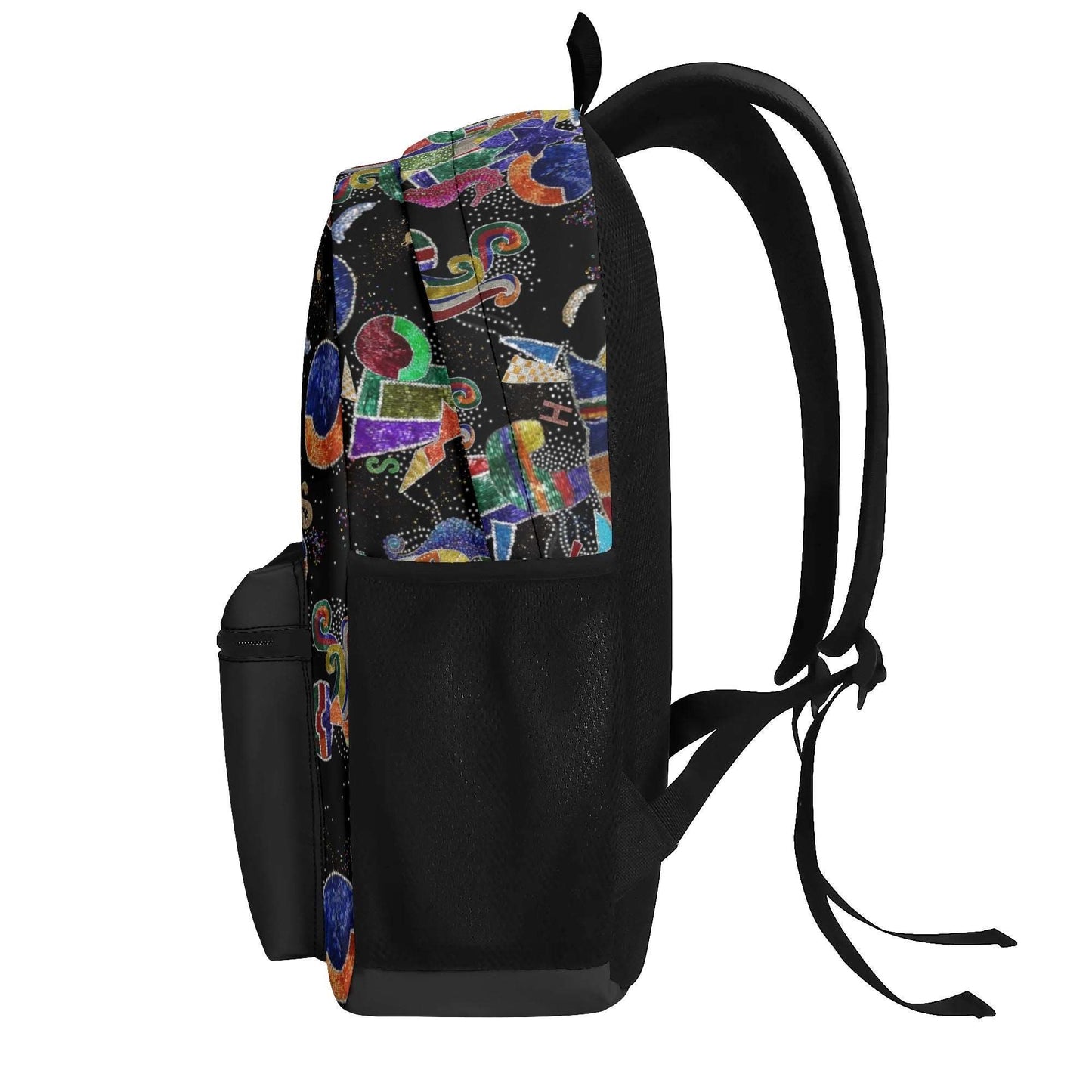 "'The Jester' Backpack features vibrant colors and eclectic shapes for a fun, bold statement."