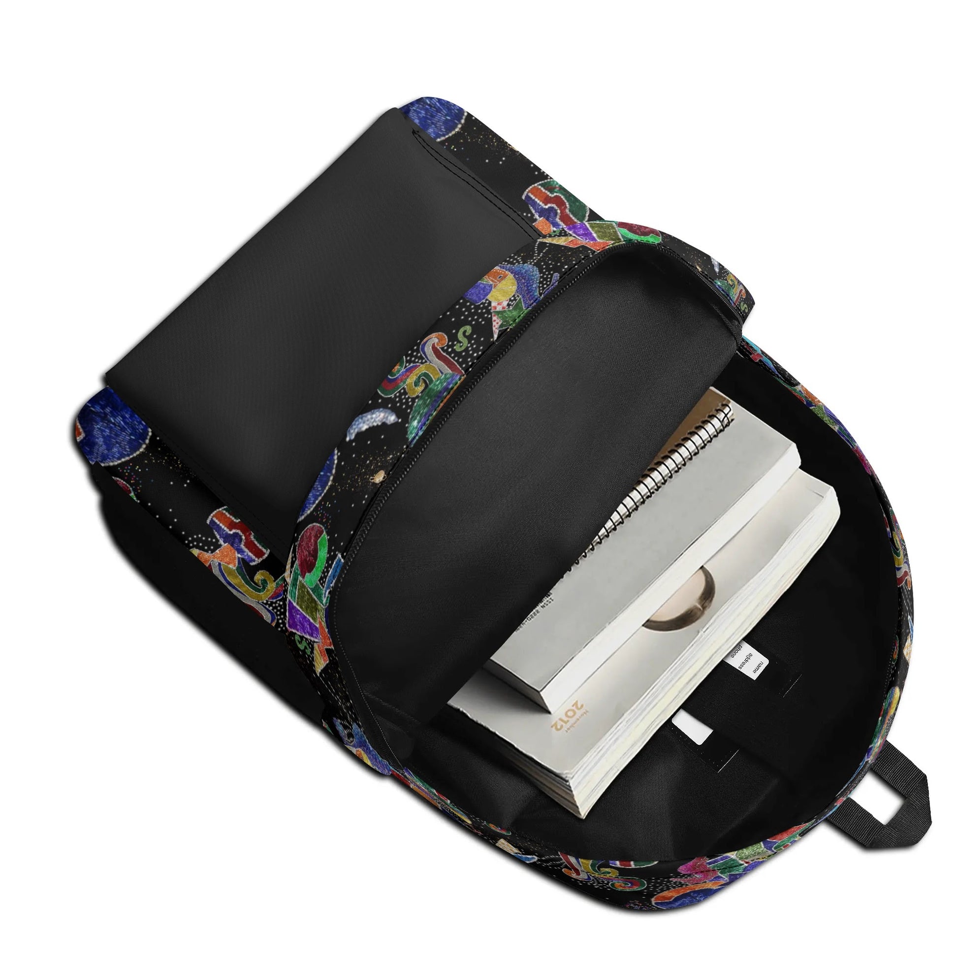 "'The Jester' Backpack features vibrant colors and eclectic shapes for a fun, bold statement."