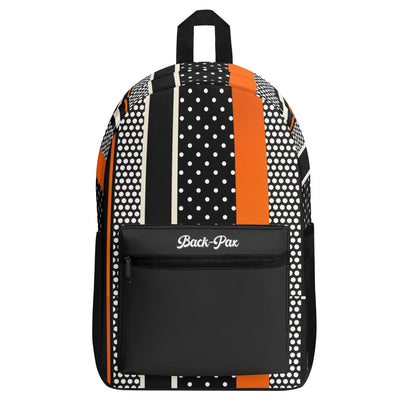 "Polkadot Sunset Backpack blends classic polka dots with orange stripes for sunset-inspired style."