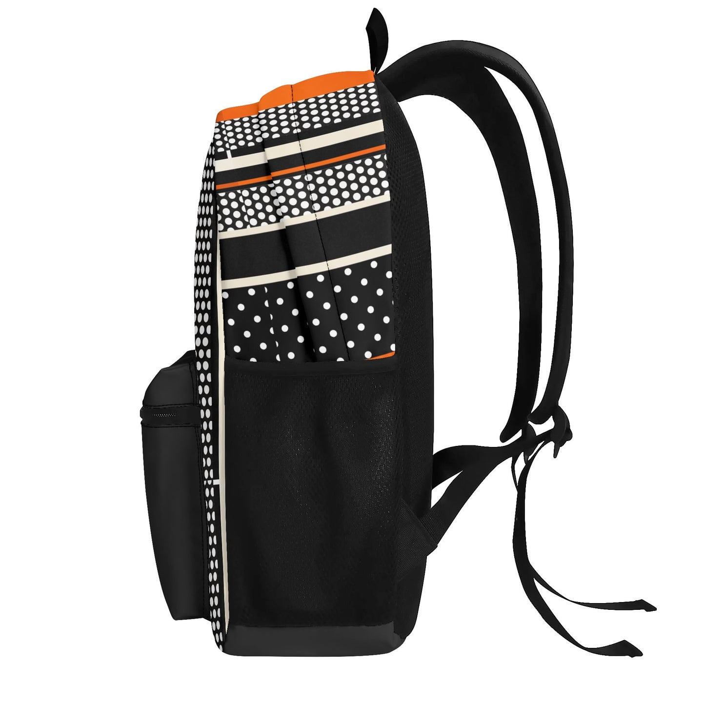 "Polkadot Sunset Backpack blends classic polka dots with orange stripes for sunset-inspired style."