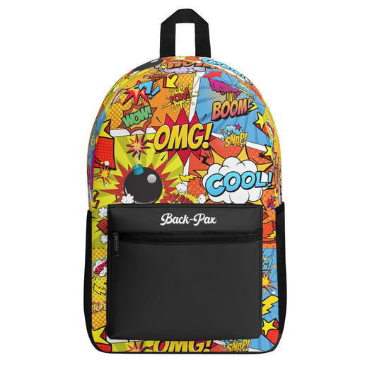 "'The Comic' Backpack with bold comic-style prints for a playful and artistic look."