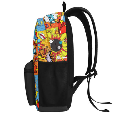 "'The Comic' Backpack with bold comic-style prints for a playful and artistic look."