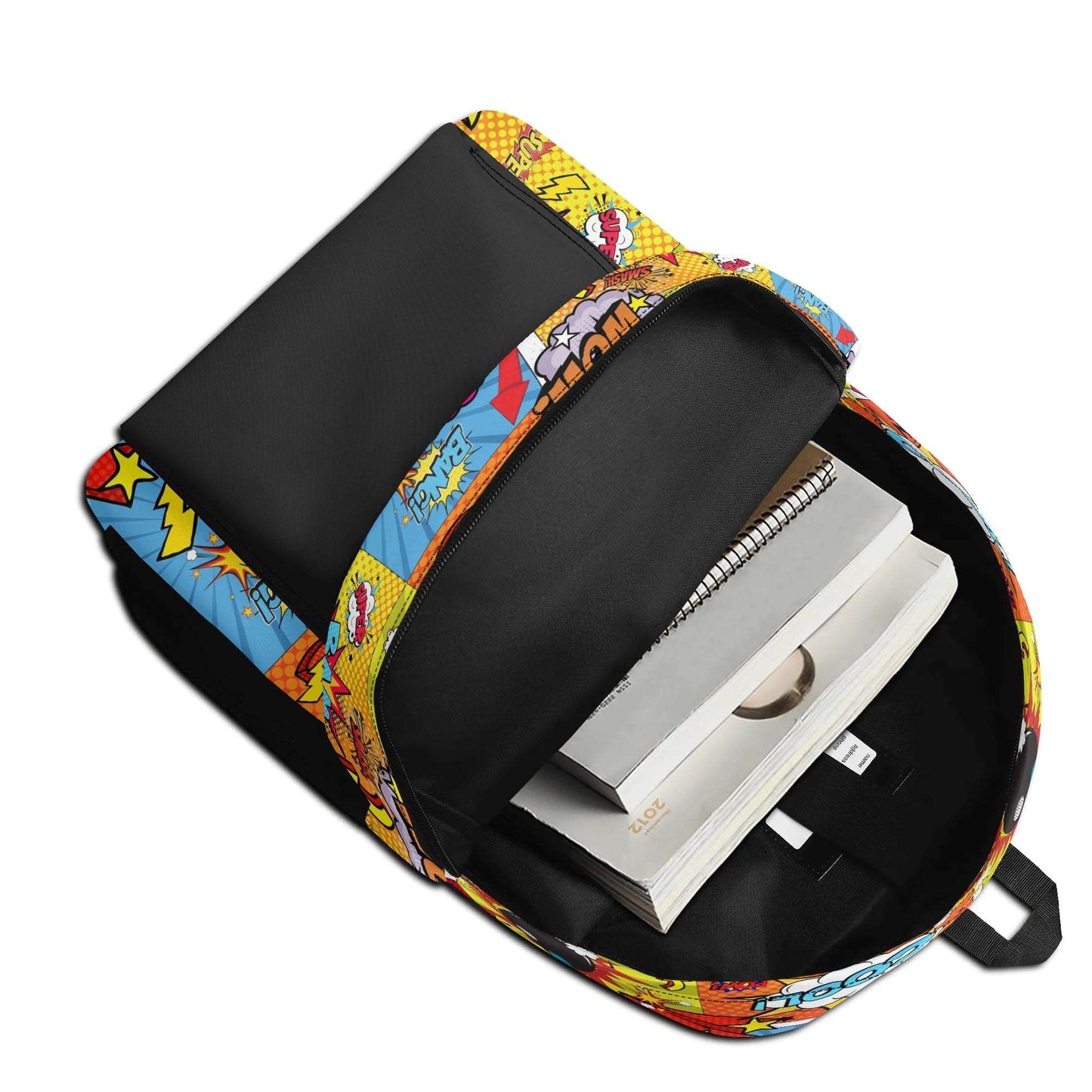 "'The Comic' Backpack with bold comic-style prints for a playful and artistic look."