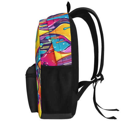 "'The Dali' Backpack showcases a surreal design with vibrant, melting colors for an artistic flair."