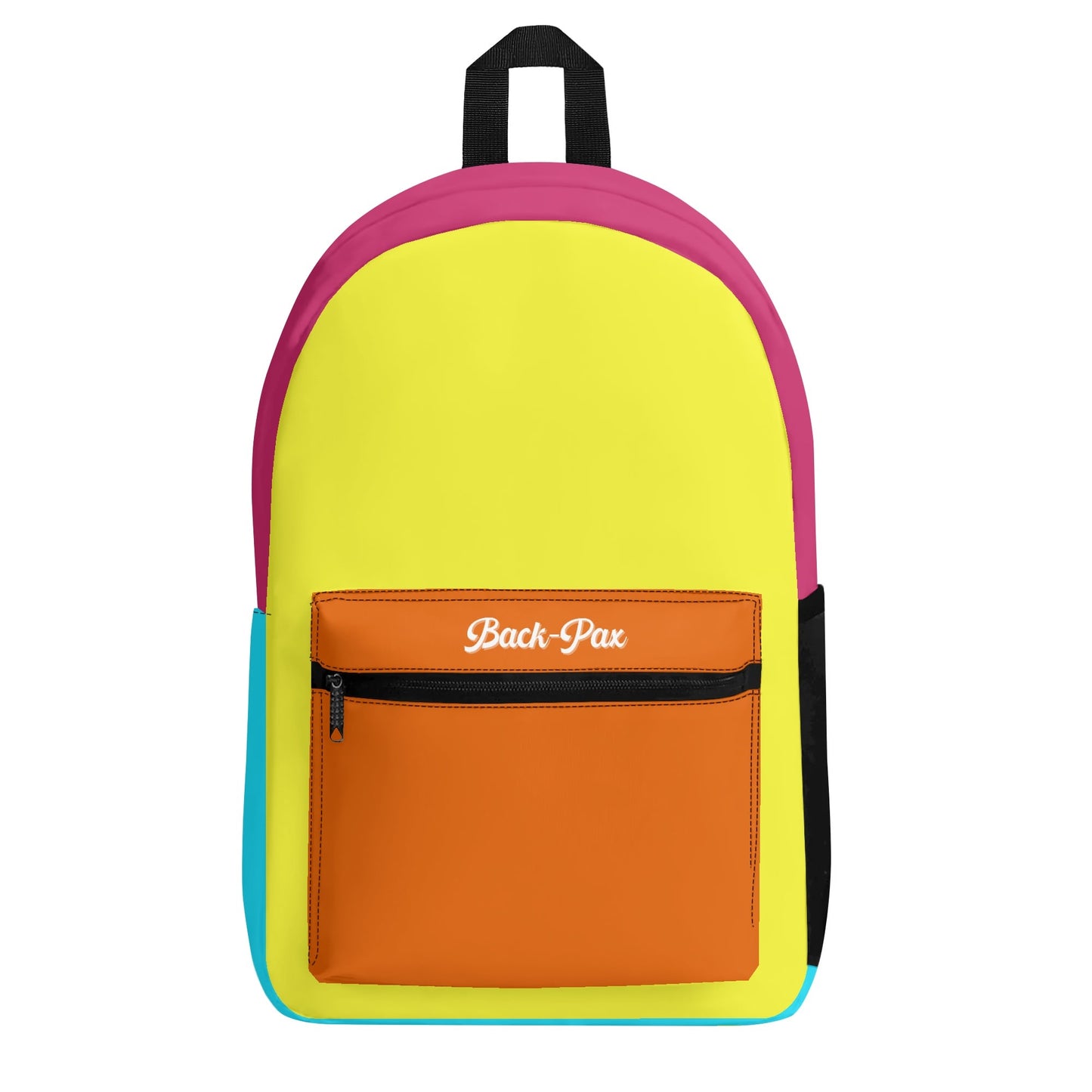 "Lollypop Backpack showcases colorful panel colors of magenta, light blue, orange, and yellow for a playful vibe."