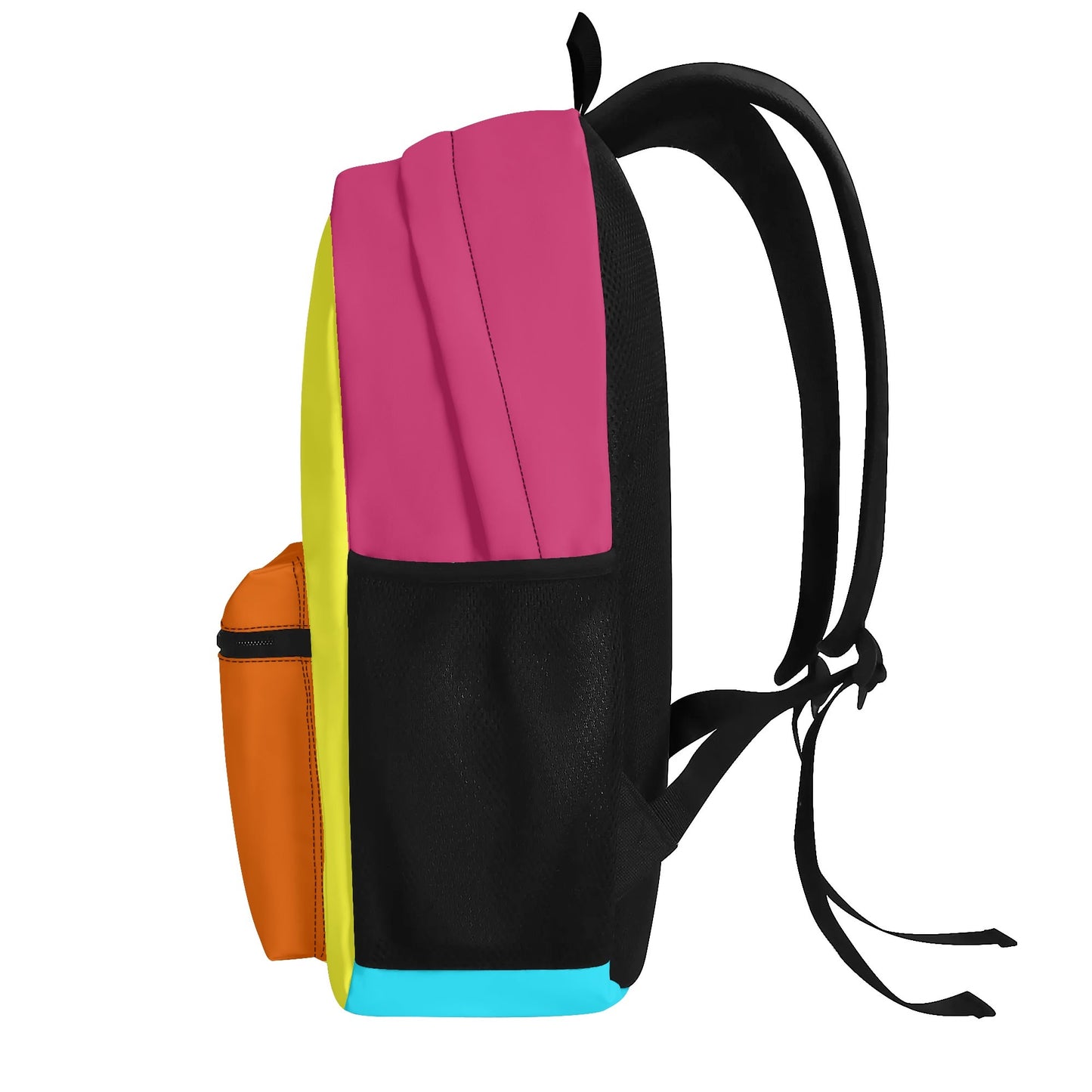 "Lollypop Backpack showcases colorful panel colors of magenta, light blue, orange, and yellow for a playful vibe."