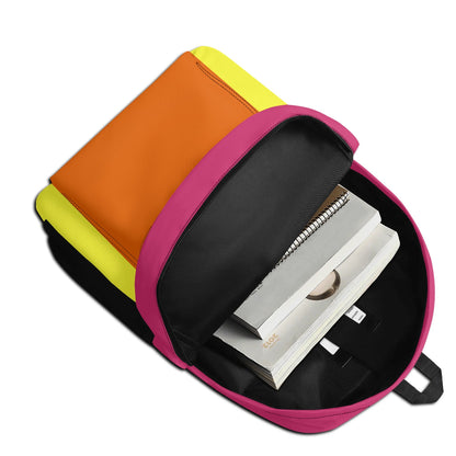 "Lollypop Backpack showcases colorful panel colors of magenta, light blue, orange, and yellow for a playful vibe."