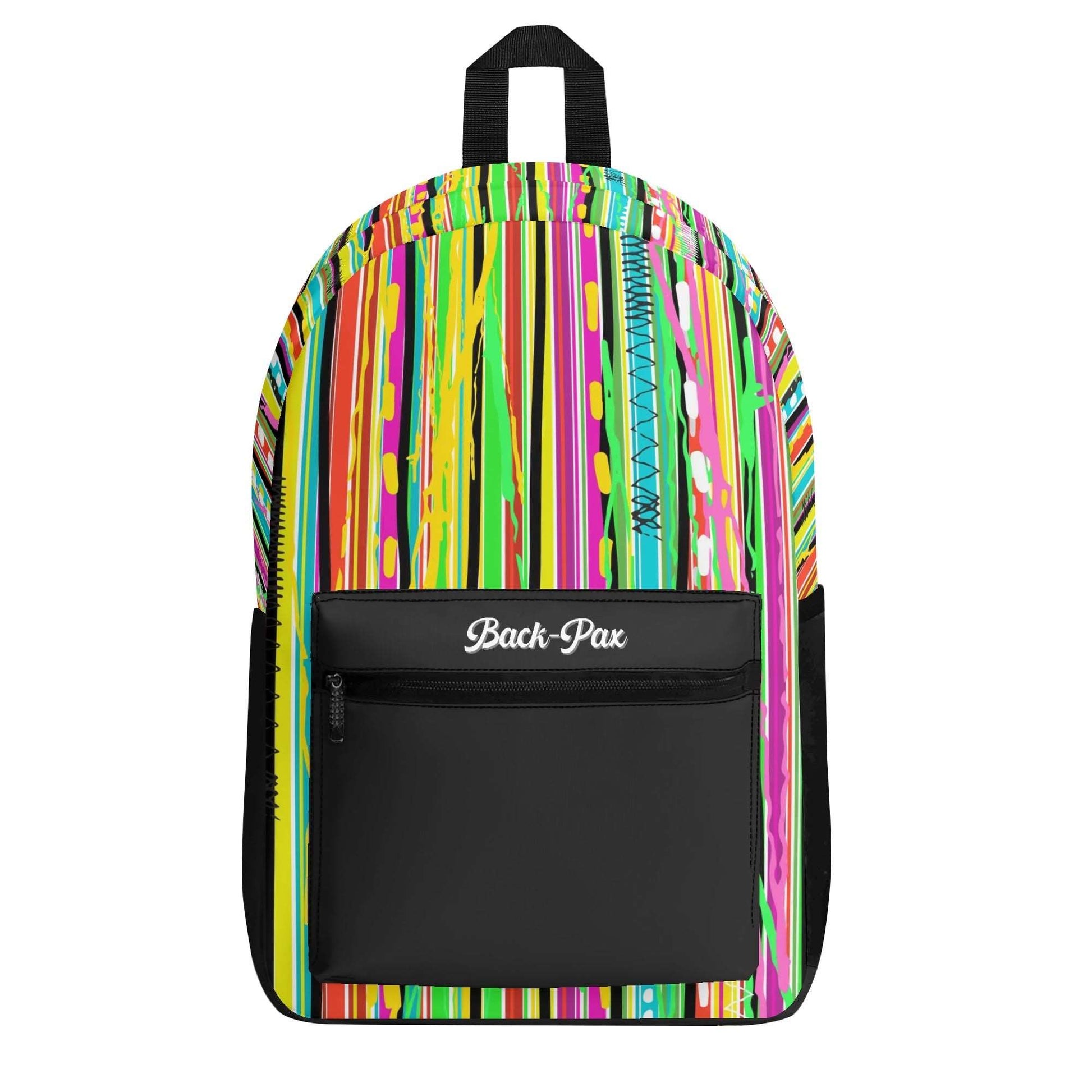 Candy Stripe Backpack features vibrant rock candy-style print with bold colors for a fun, stylish look."