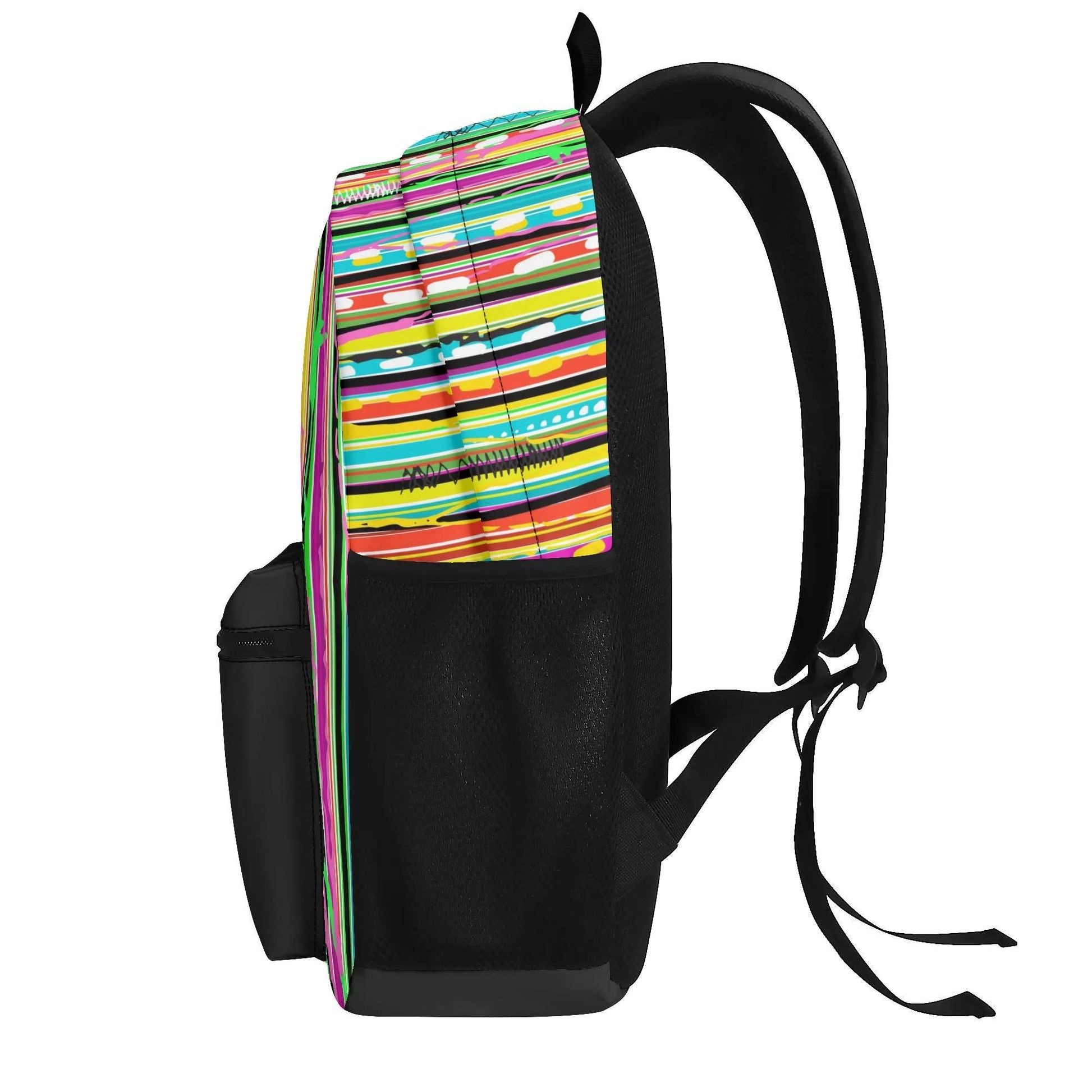 Candy Stripe Backpack features vibrant rock candy-style print with bold colors for a fun, stylish look."