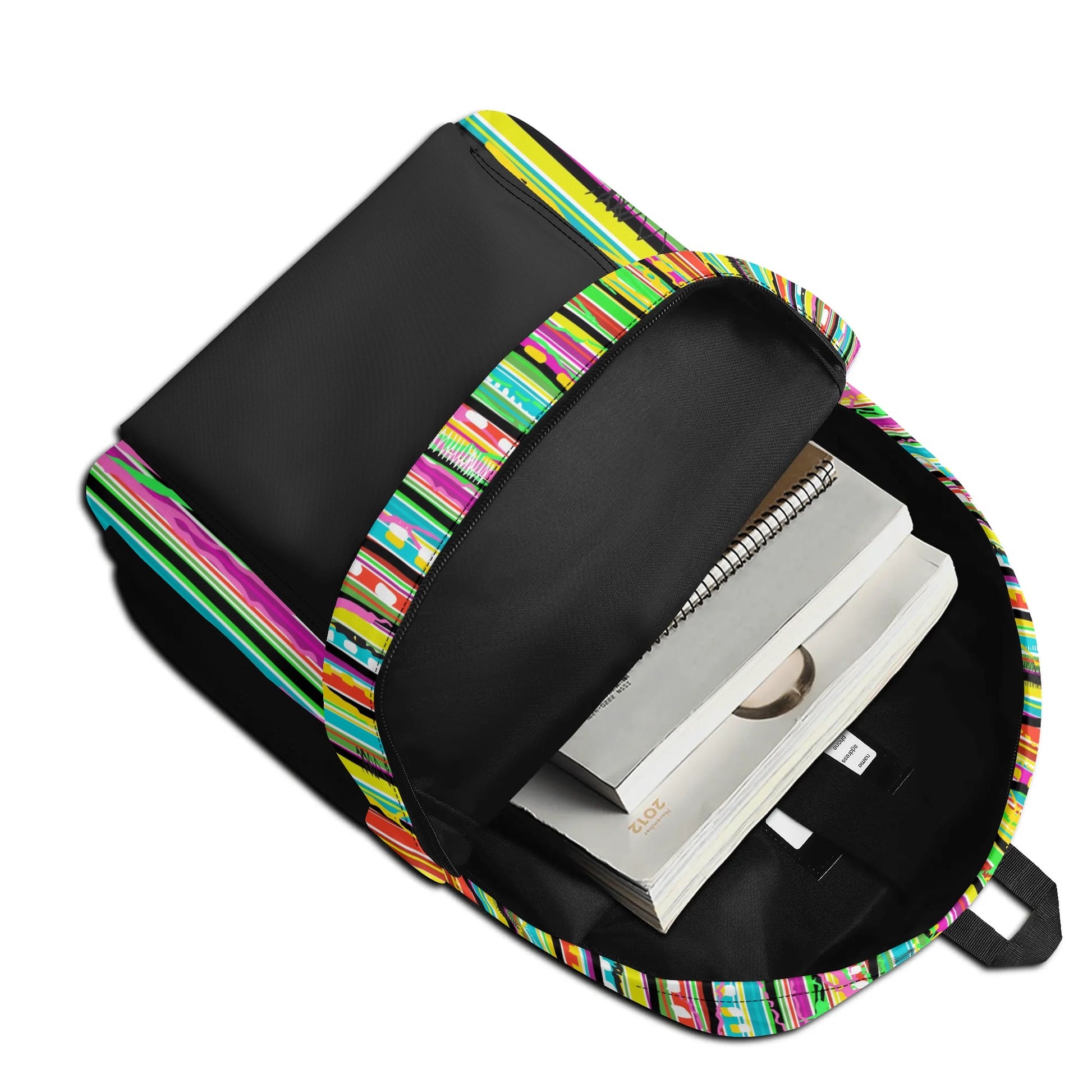 Candy Stripe Backpack features vibrant rock candy-style print with bold colors for a fun, stylish look."