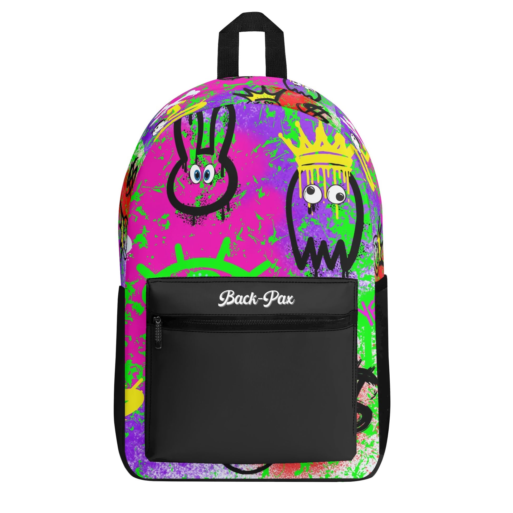 "The Notorious Backpack with playful graffiti patterns and bright colors for a fun, edgy style."