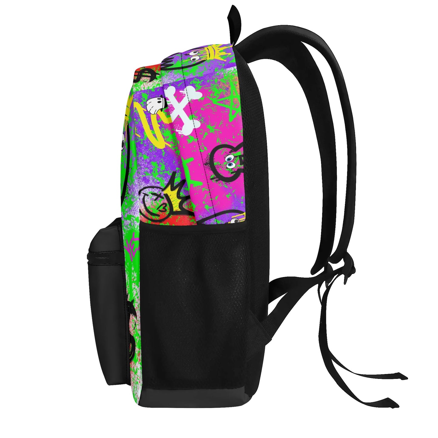 "The Notorious Backpack with playful graffiti patterns and bright colors for a fun, edgy style."