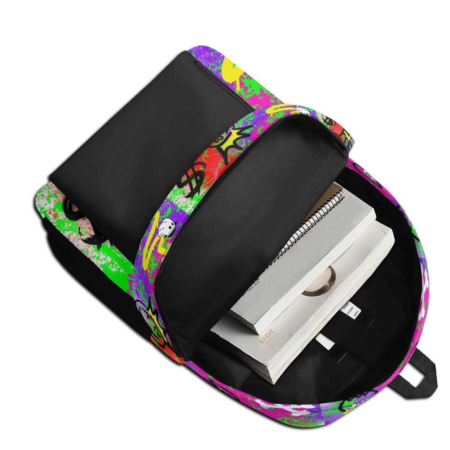 "The Notorious Backpack with playful graffiti patterns and bright colors for a fun, edgy style."