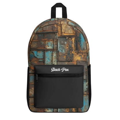 "Full Metal Backpack features oxidized metal patterns for a cool, edgy vibe."