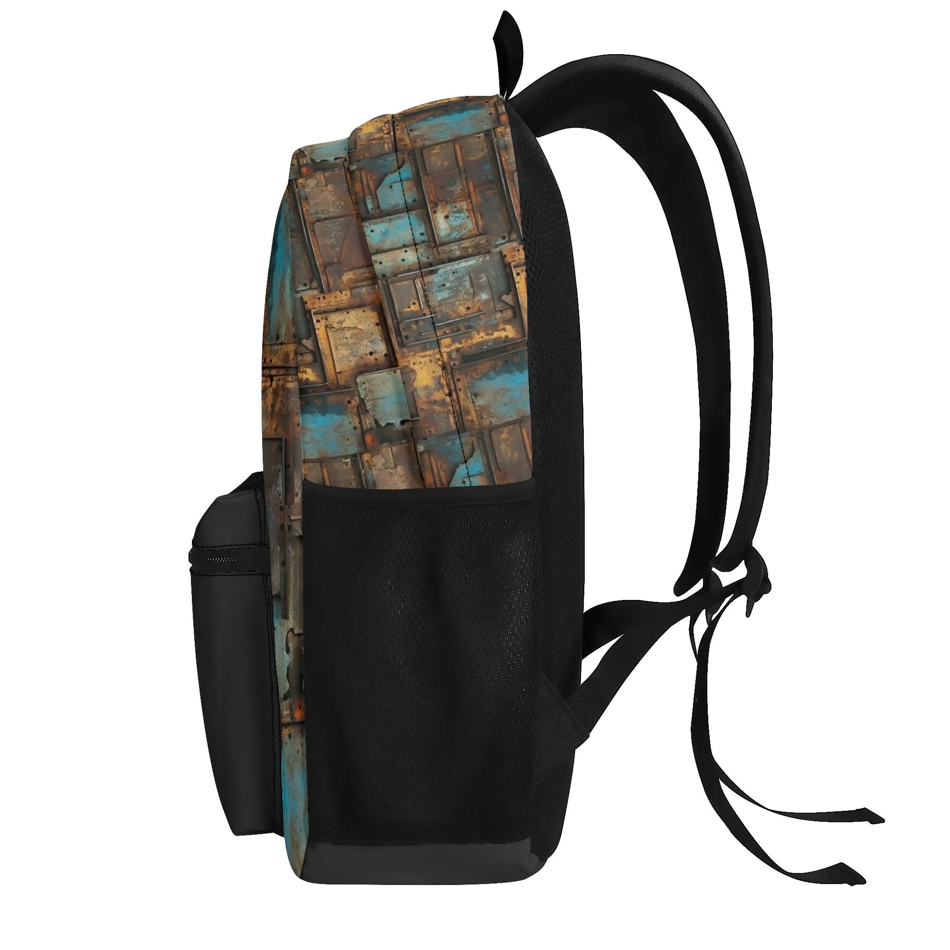 "Full Metal Backpack features oxidized metal patterns for a cool, edgy vibe."