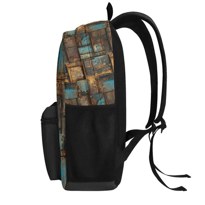 "Full Metal Backpack features oxidized metal patterns for a cool, edgy vibe."