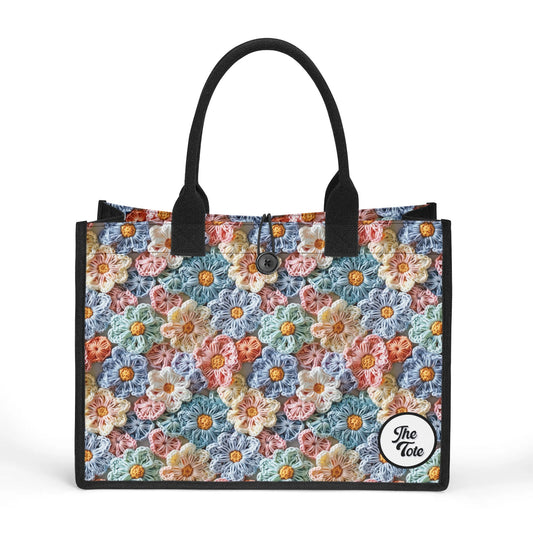 Vibrant crochet tote bag with colorful flower petals by ShitHot, ideal for school, travel, and everyday adventures.