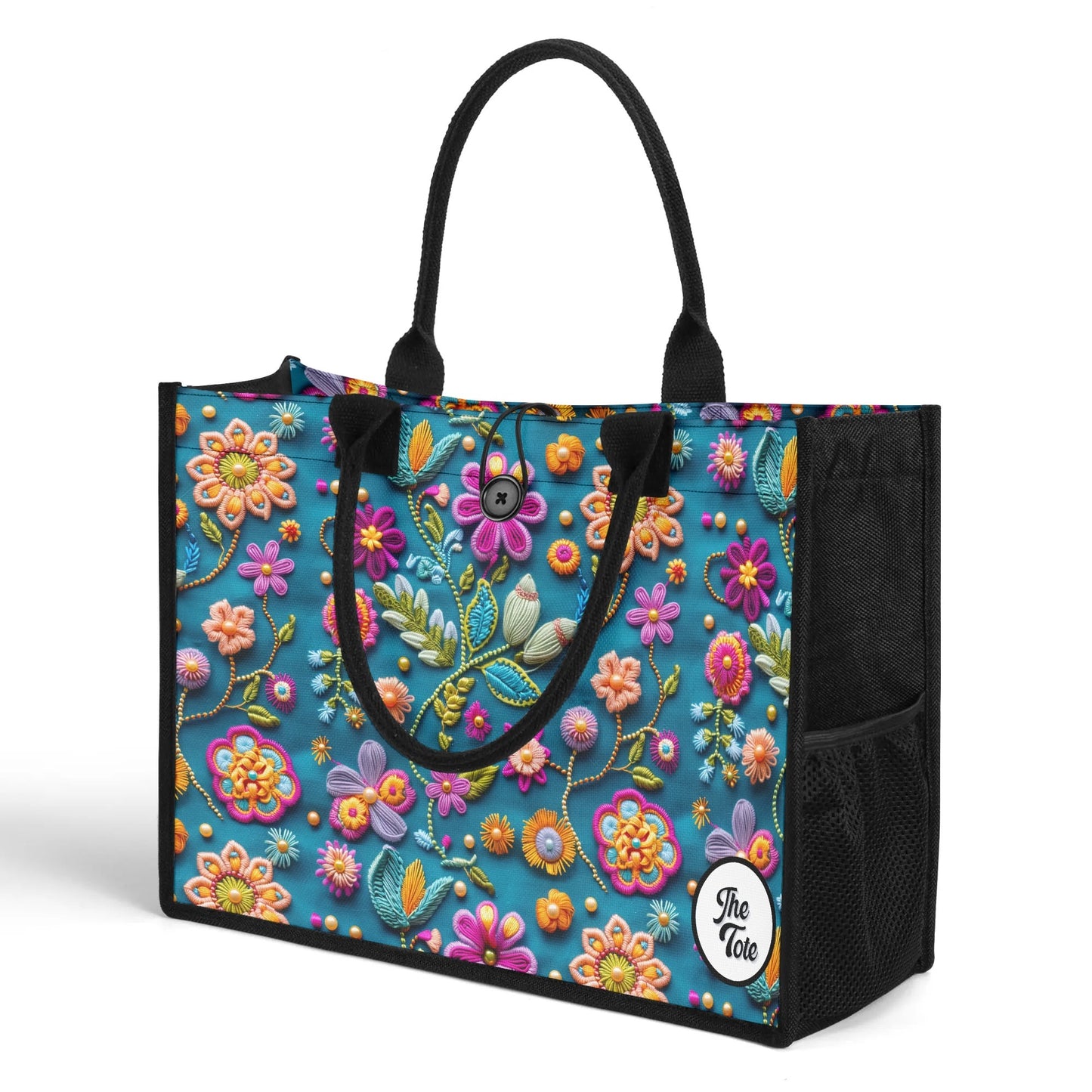 "Colorful flower print tote bag by ShitHot, featuring an embroidered look, perfect for vibrant style."