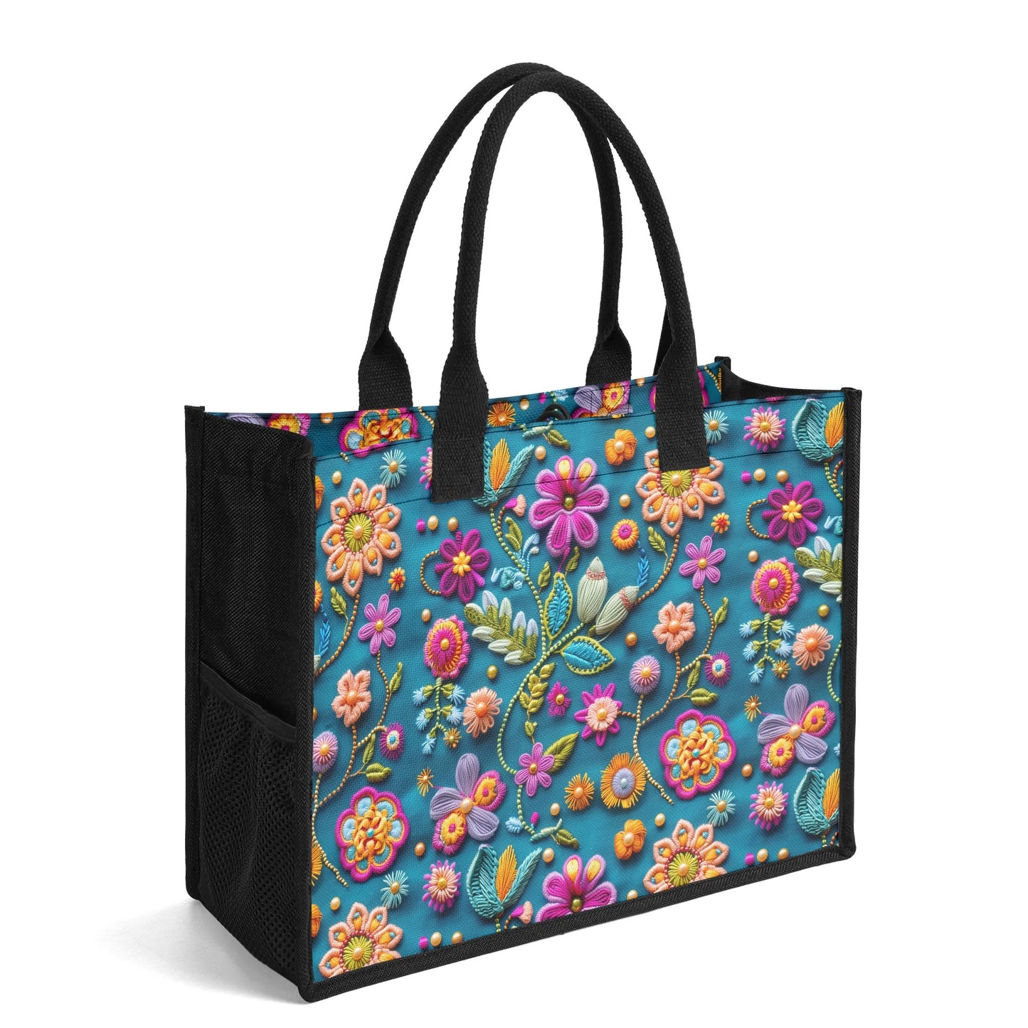 "Colorful flower print tote bag by ShitHot, featuring an embroidered look, perfect for vibrant style."