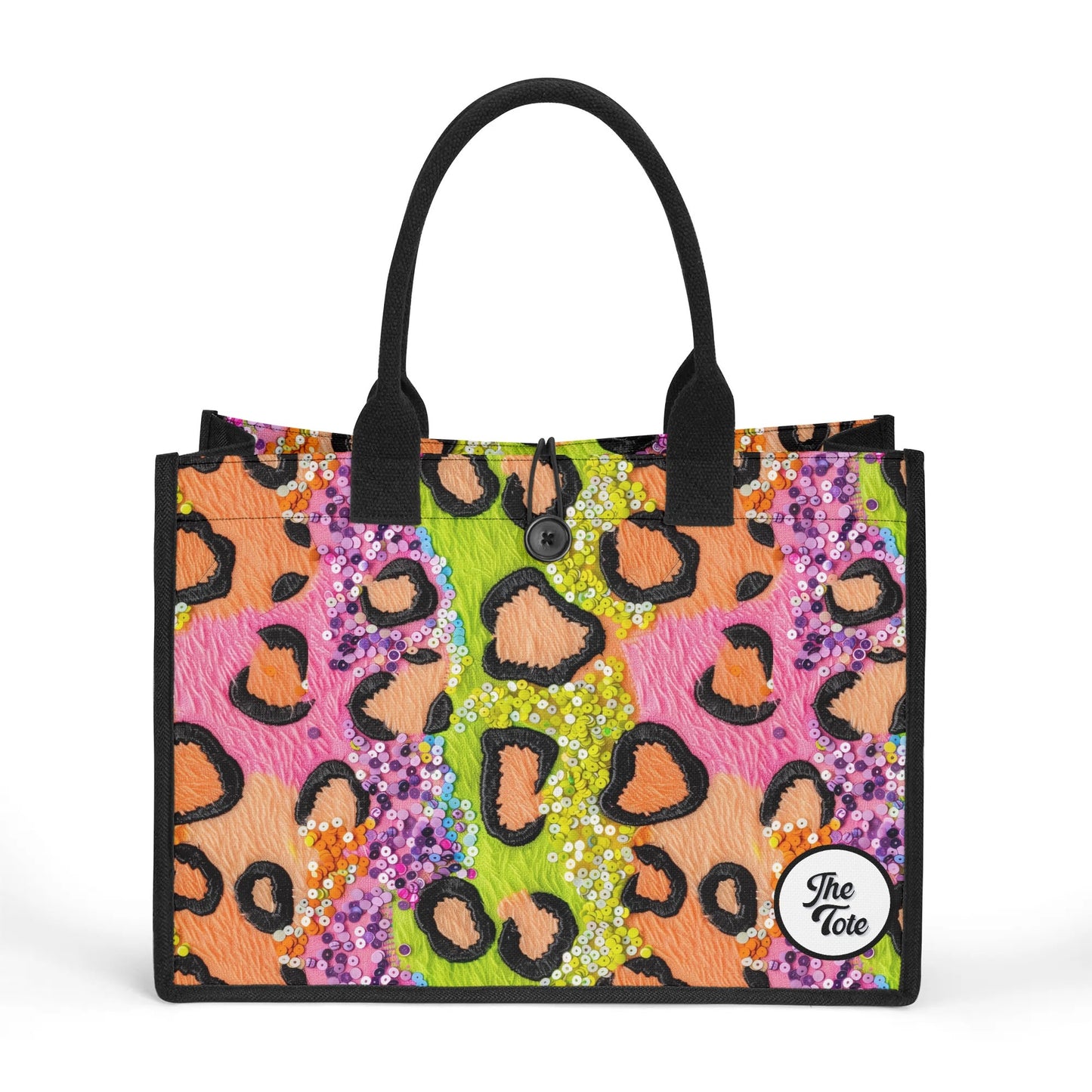 Modern leopard print tote bag featuring vibrant colors and sequins, perfect for making a bold fashion statement anywhere.