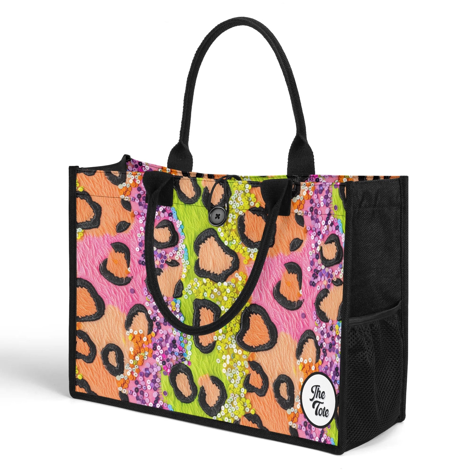 Modern leopard print tote bag featuring vibrant colors and sequins, perfect for making a bold fashion statement anywhere.