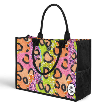 Modern leopard print tote bag featuring vibrant colors and sequins, perfect for making a bold fashion statement anywhere.