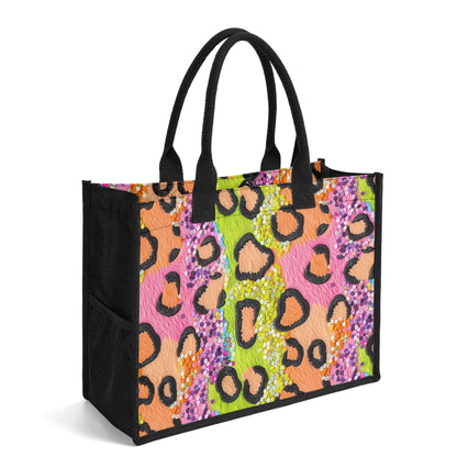 Modern leopard print tote bag featuring vibrant colors and sequins, perfect for making a bold fashion statement anywhere.