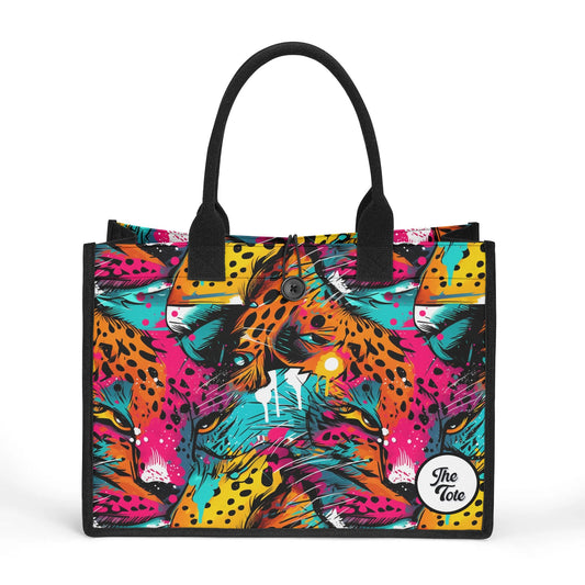 "Abstract neon leopard print tote bag by ShitHot, featuring captivating eyes peeking through vibrant spots for a wild look."