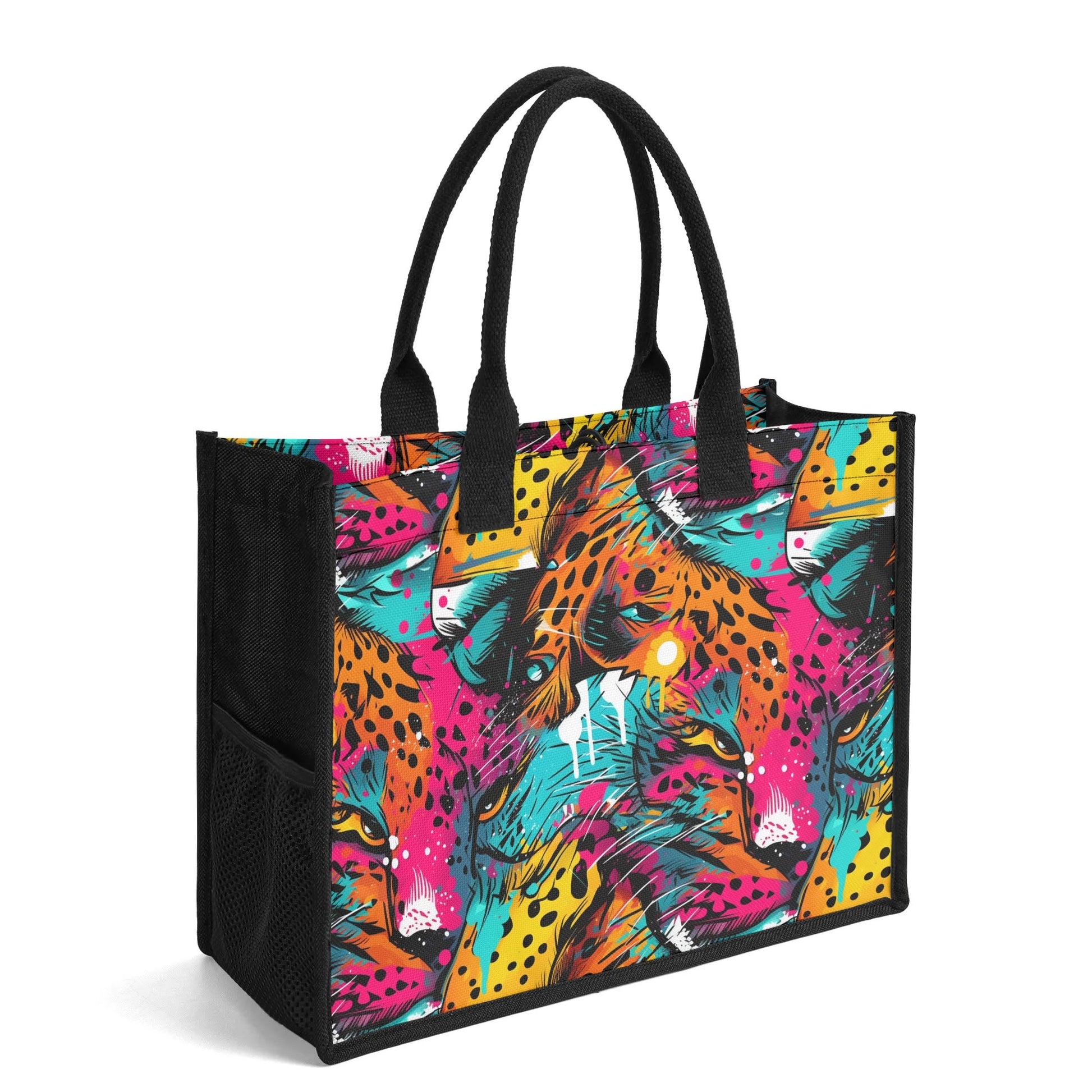 "Abstract neon leopard print tote bag by ShitHot, featuring captivating eyes peeking through vibrant spots for a wild look."