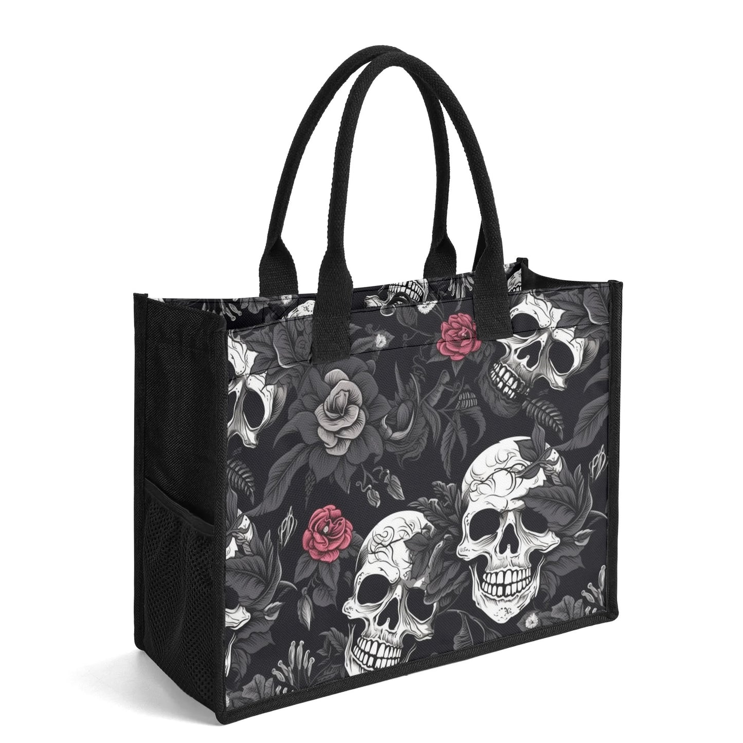 "Gothic tote bag showcasing black and white skulls with red roses, ideal for fashion lovers who embrace edgy styles."