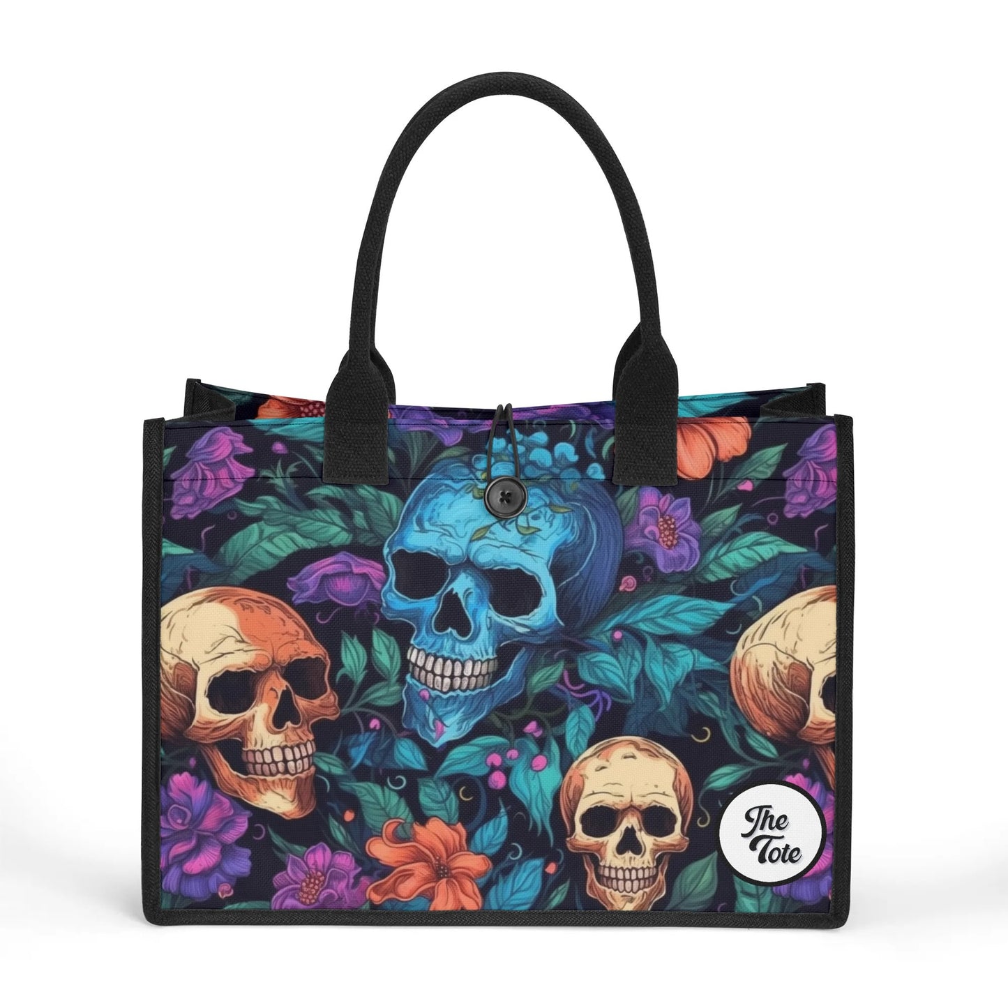 "Colorful flower explosion tote bag featuring skull designs by ShitHot, blending beautiful blooms with a gothic touch."