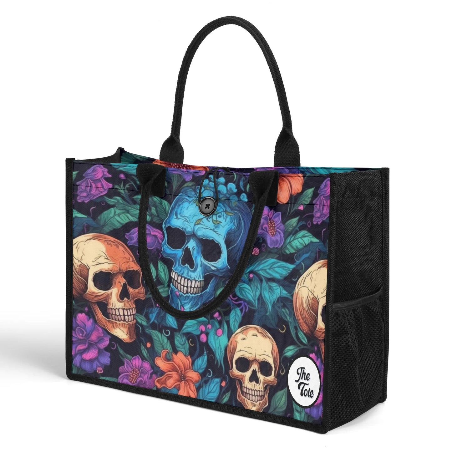 "Colorful flower explosion tote bag featuring skull designs by ShitHot, blending beautiful blooms with a gothic touch."