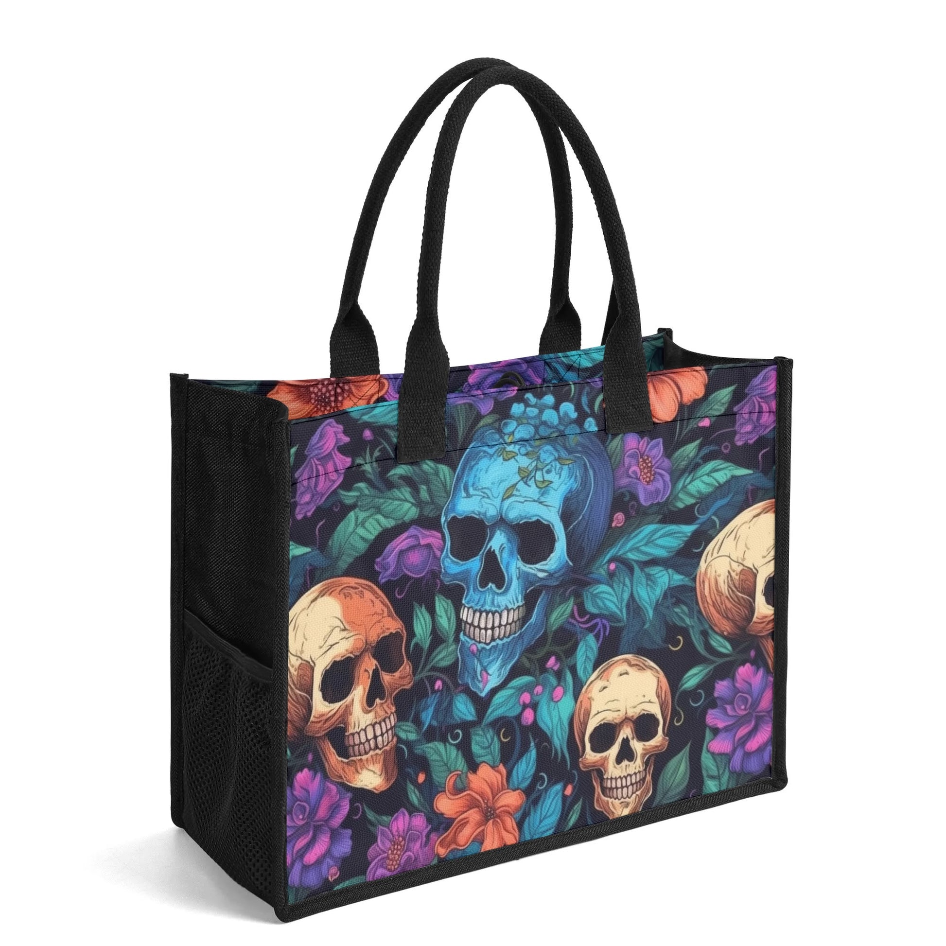 "Colorful flower explosion tote bag featuring skull designs by ShitHot, blending beautiful blooms with a gothic touch."