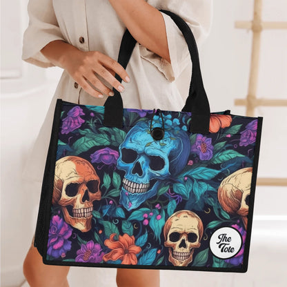 "Colorful flower explosion tote bag featuring skull designs by ShitHot, blending beautiful blooms with a gothic touch."