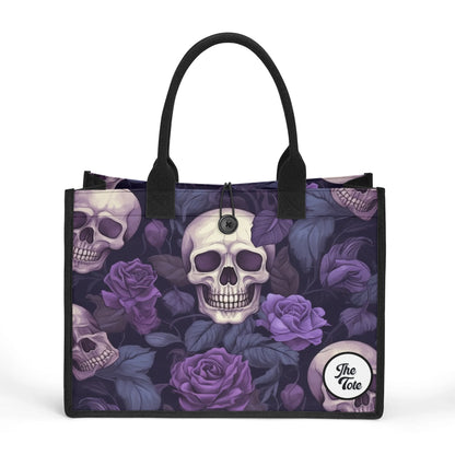 "Mix of black and white skulls with bright purple flowers on a tote bag by ShitHot, ideal for unique style."