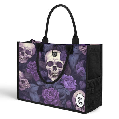 "Mix of black and white skulls with bright purple flowers on a tote bag by ShitHot, ideal for unique style."