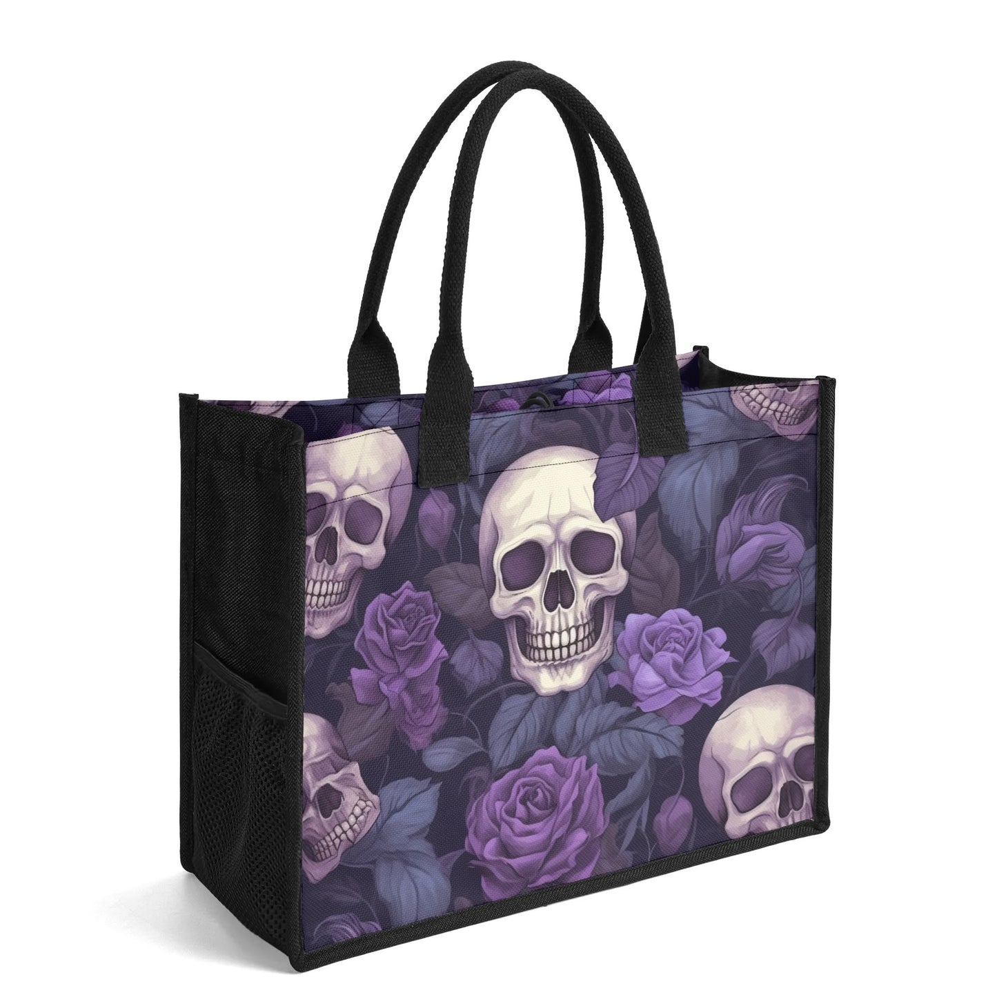 "Mix of black and white skulls with bright purple flowers on a tote bag by ShitHot, ideal for unique style."