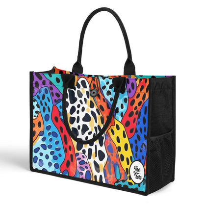 "Striking neon cheetah print tote bag by ShitHot, offering bold style and spacious design for all your essentials."