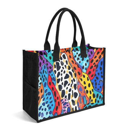 "Striking neon cheetah print tote bag by ShitHot, offering bold style and spacious design for all your essentials."