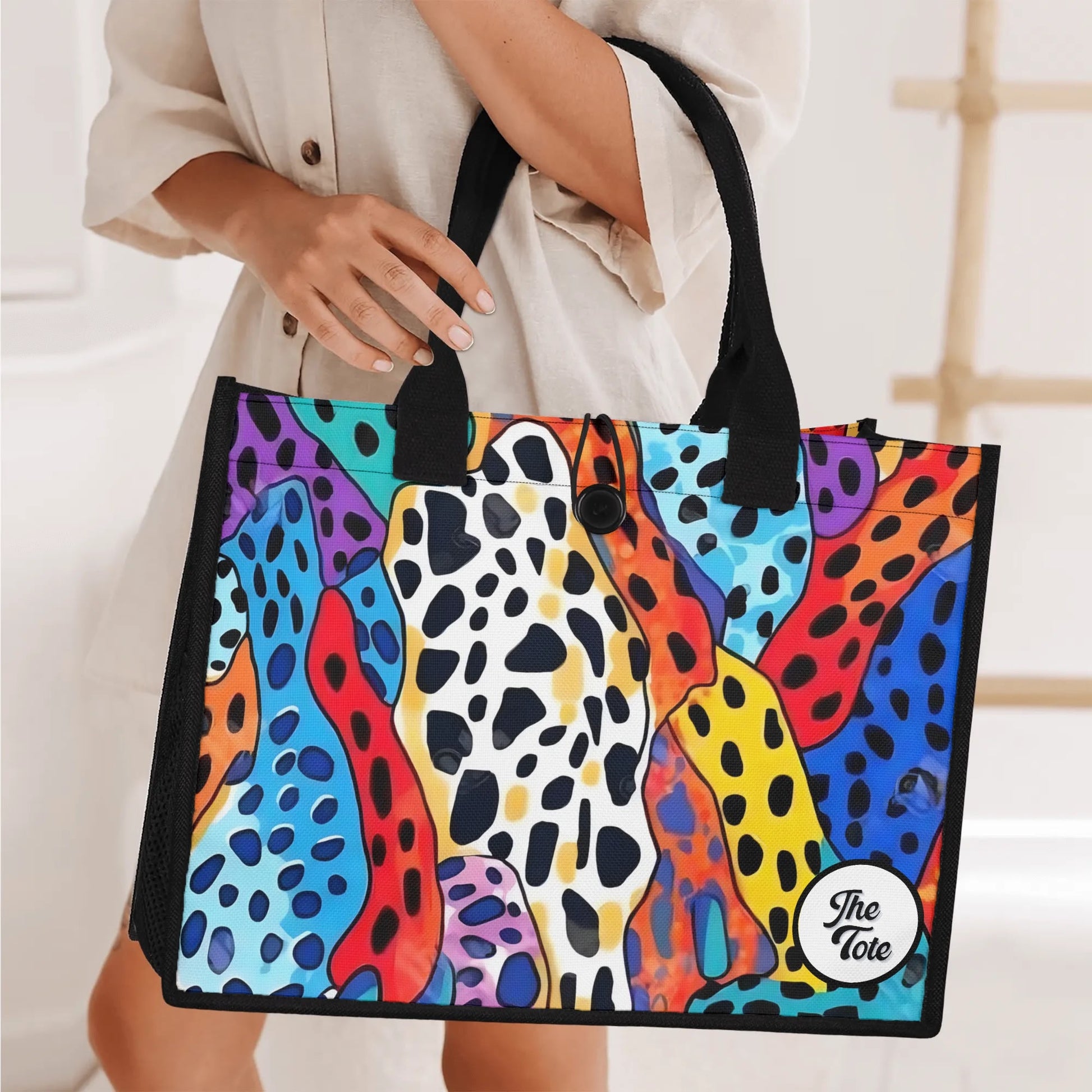 "Striking neon cheetah print tote bag by ShitHot, offering bold style and spacious design for all your essentials."