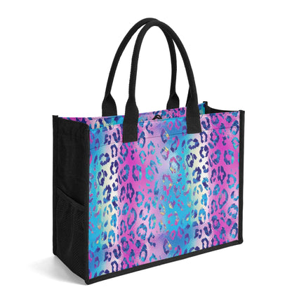 "Vibrant abstract sparkle leopard tote bag by ShitHot, designed for those who want to express their fun fashion sense."