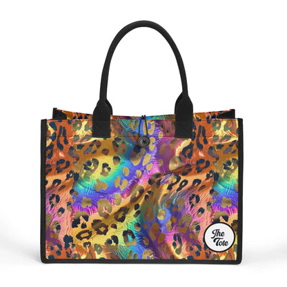 "Chic leopard print tote bag featuring a colorful background and shimmering gold spots, perfect for stylish outings."