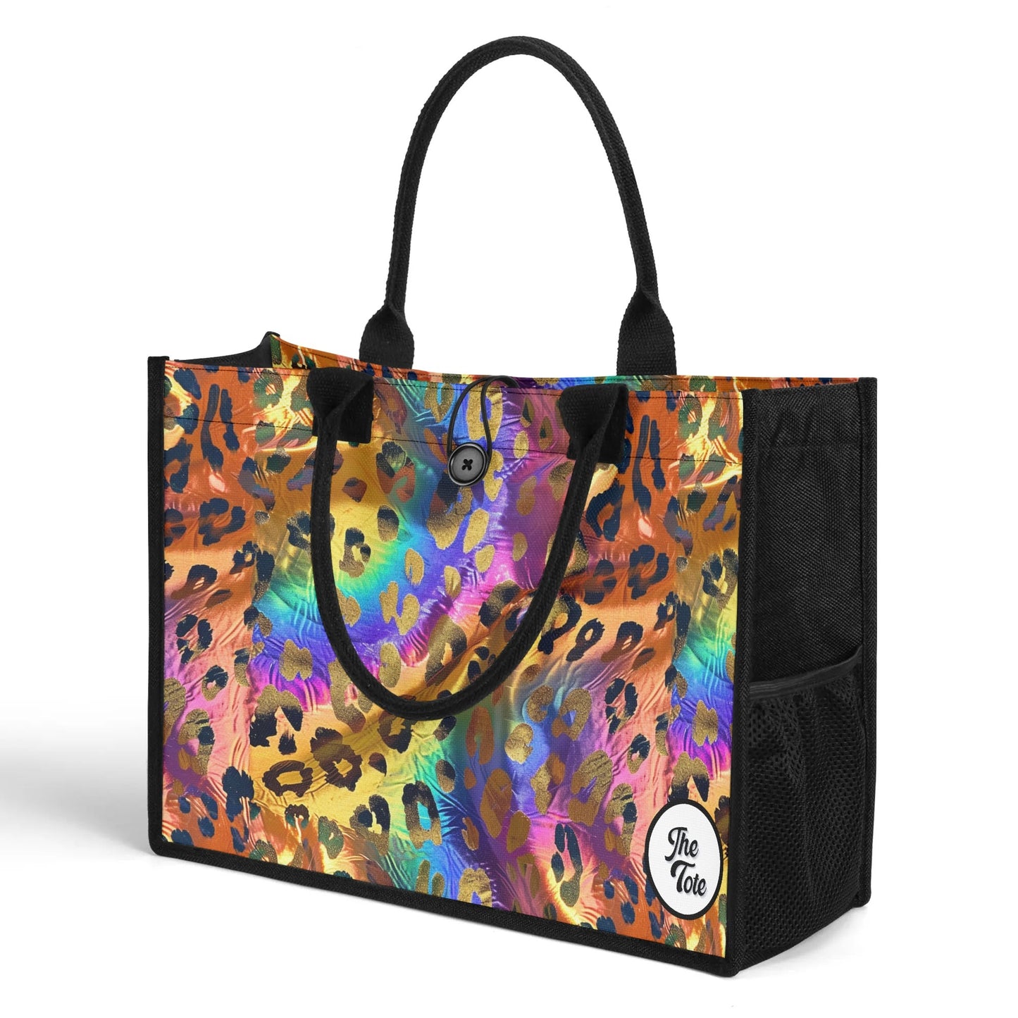 "Chic leopard print tote bag featuring a colorful background and shimmering gold spots, perfect for stylish outings."