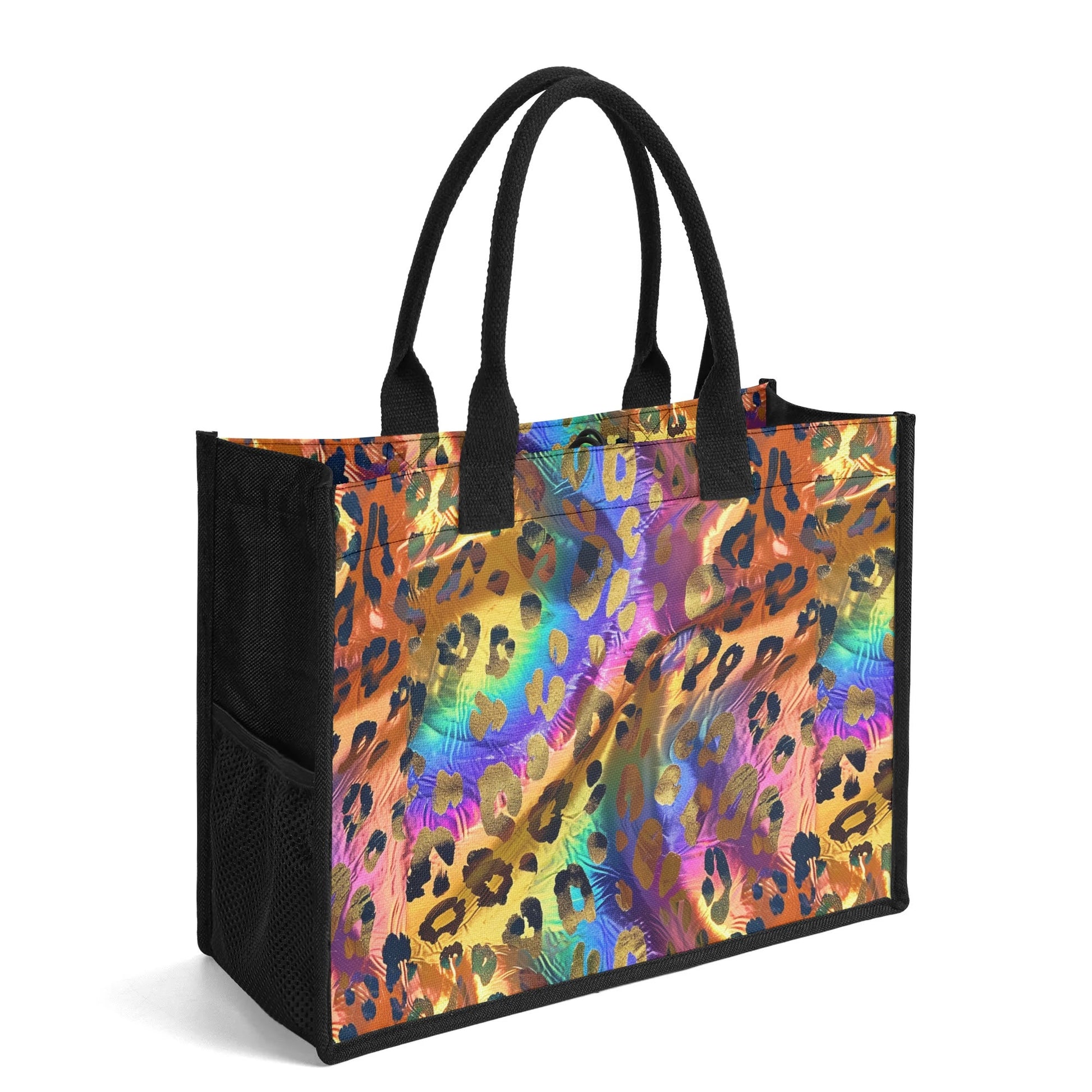 "Chic leopard print tote bag featuring a colorful background and shimmering gold spots, perfect for stylish outings."