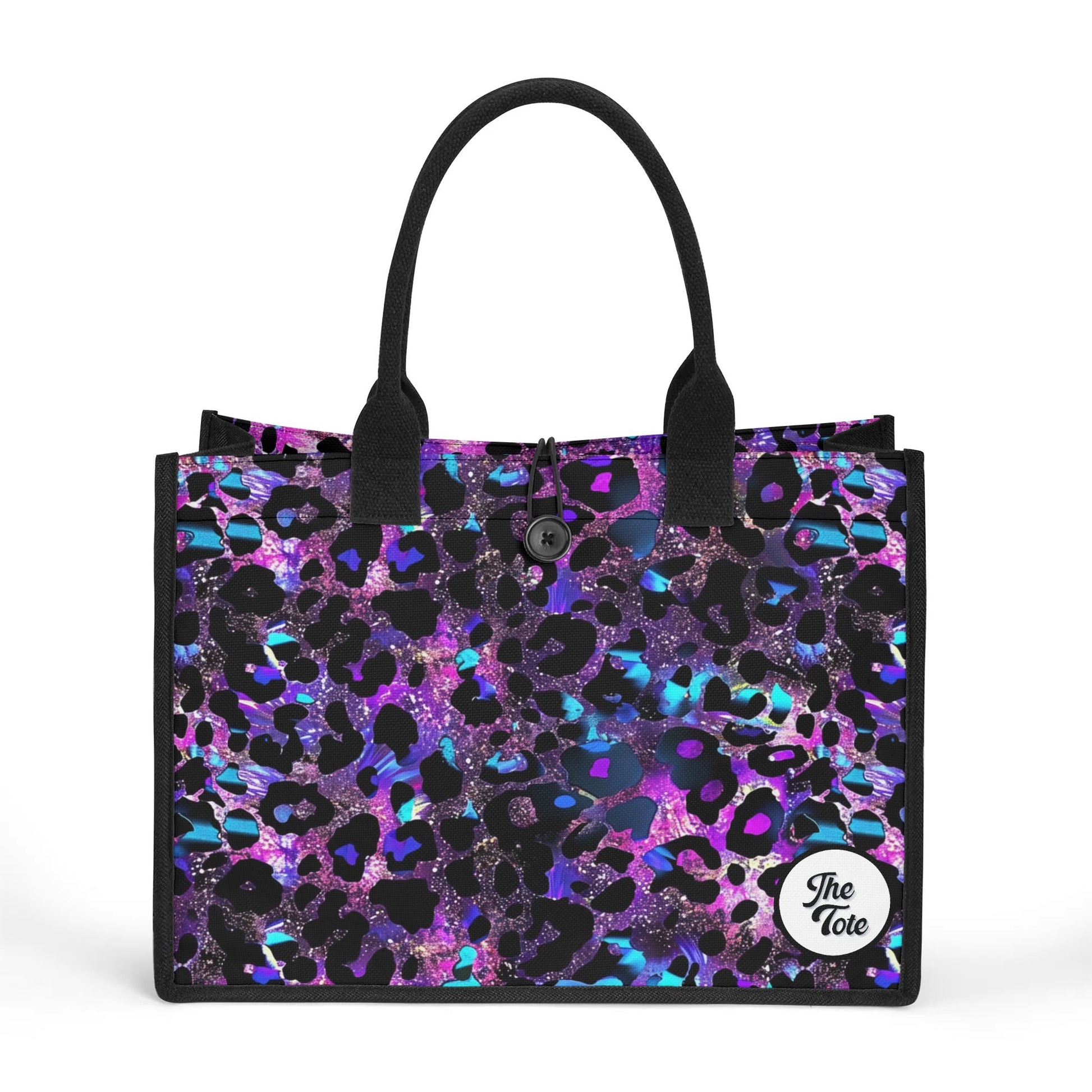 "Futuristic neon blue and purple leopard print tote bag by ShitHot, ideal for modern fashion enthusiasts and trendsetters."